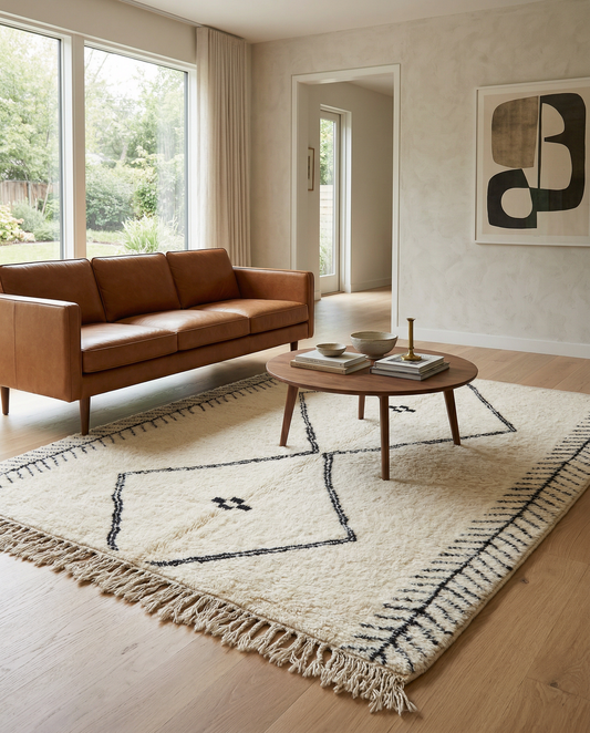 Cream Beni Ourain Moroccan rug with a black double diamond pattern draped in a bright modern space, by NURA.