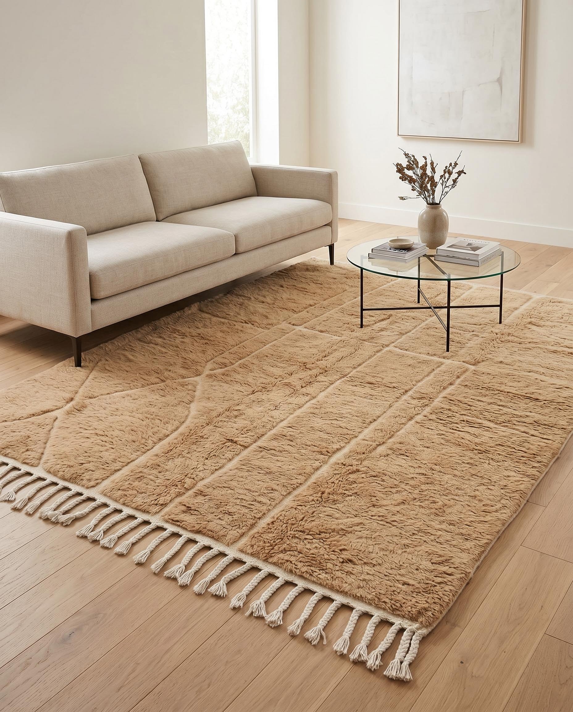 A plush camel Mrirt Moroccan rug by NURA anchors a modern living room, its carved geometric texture adding warmth and depth.