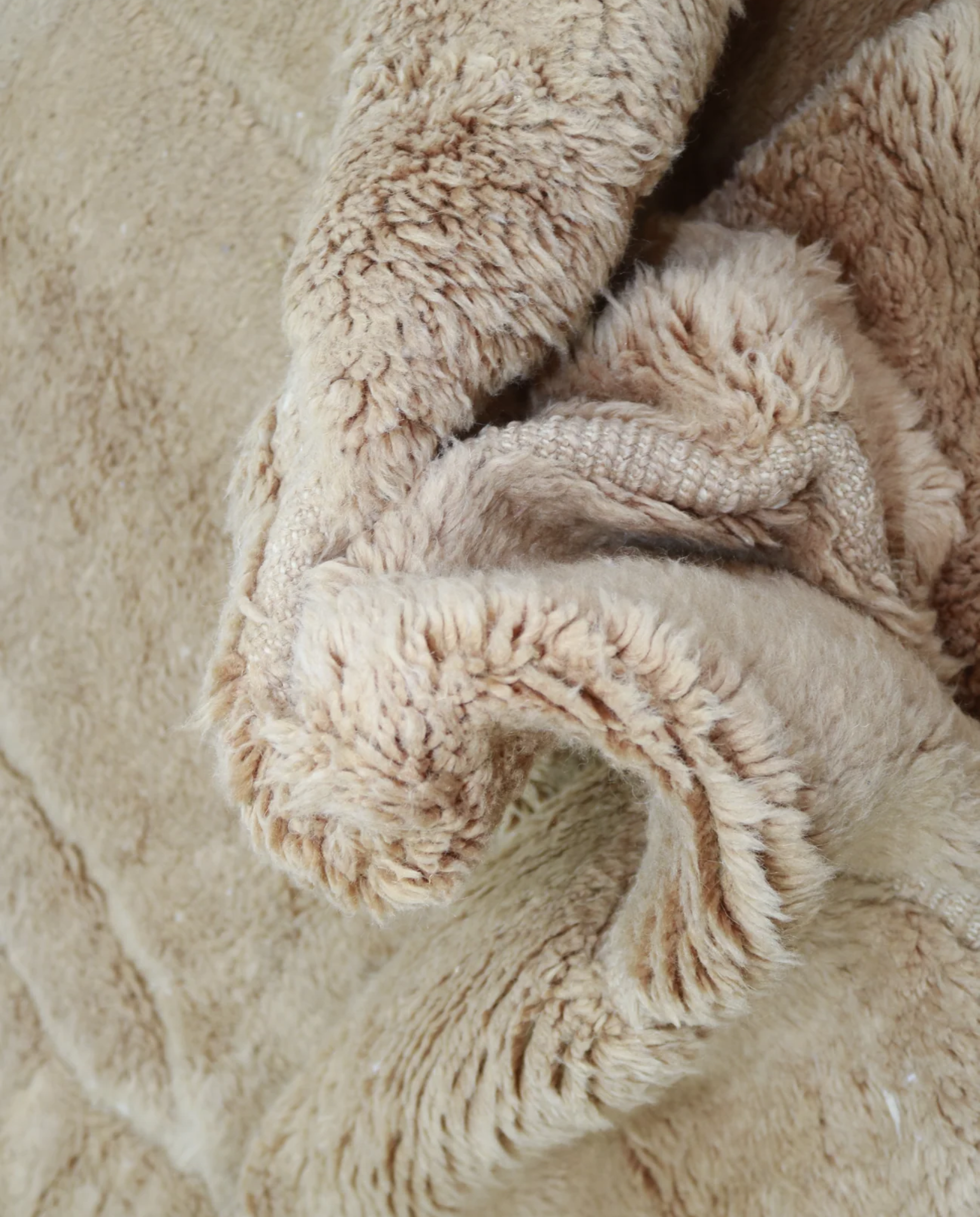 ASSIA Mrirt camel solid carved field Moroccan rug close-up showing hand-knotted wool texture and pile detail, by NURA
