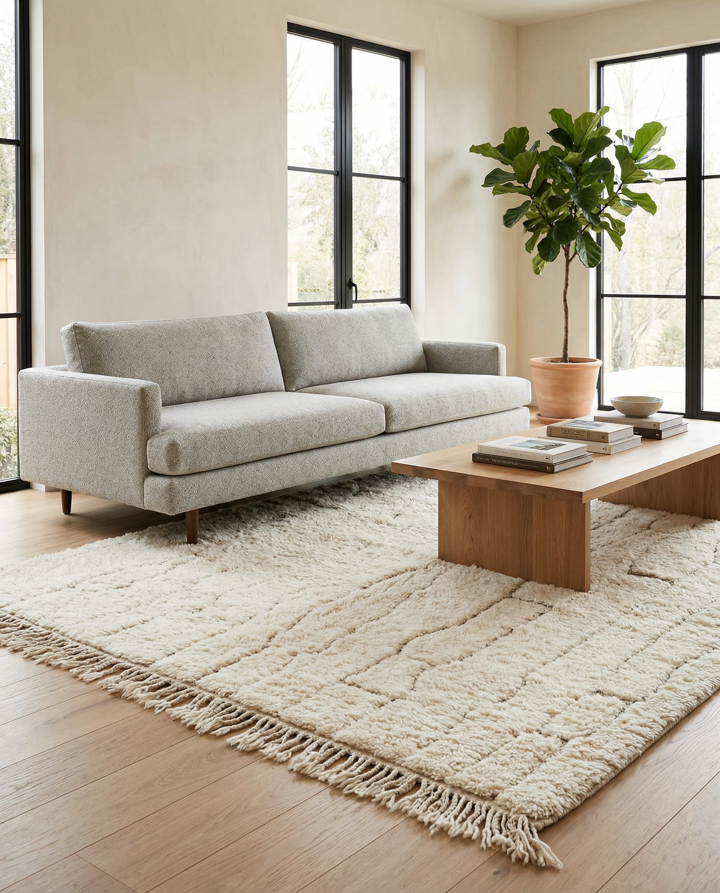 Plush cream Beni Ourain Moroccan rug with a carved linear grid in a minimal, bright room setting, by NURA.
