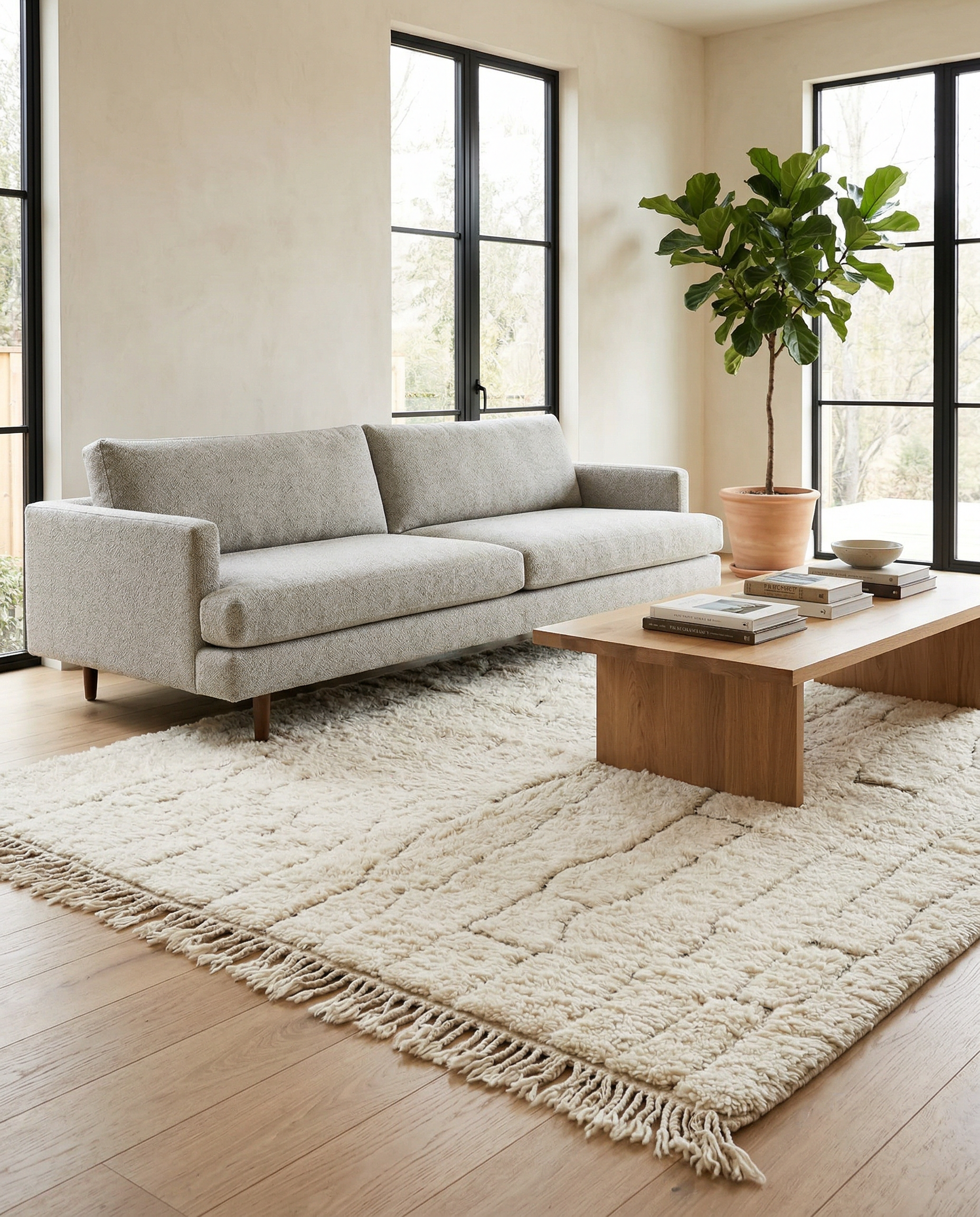 Plush cream Beni Ourain Moroccan rug with a carved linear grid in a minimal, bright room setting, by NURA.