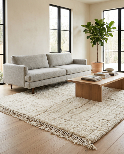 Plush cream Beni Ourain Moroccan rug with a carved linear grid in a minimal, bright room setting, by NURA.