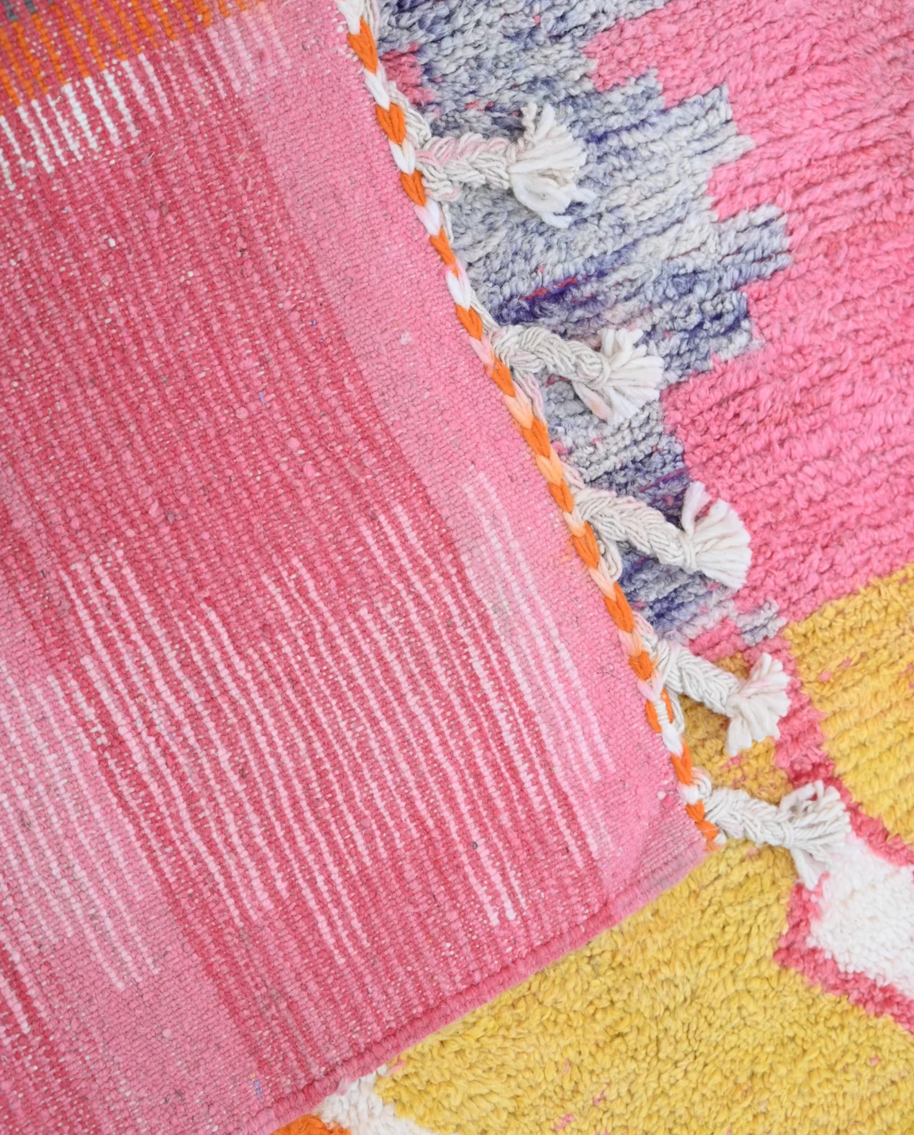 BASIMA Azilal mustard organic abstract Moroccan rug back view showing traditional handwoven construction, by NURA