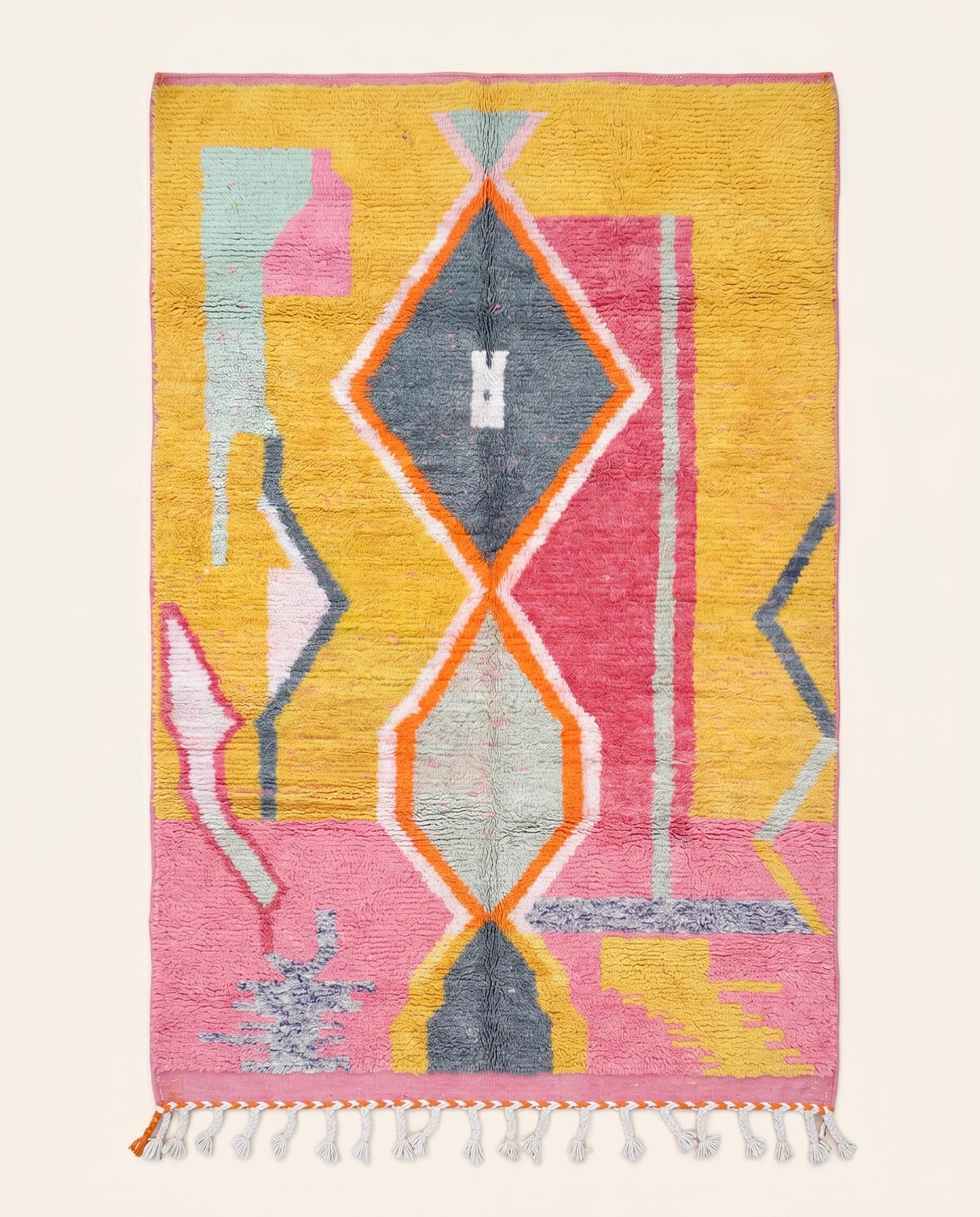 Vibrant Moroccan Azilal rug featuring a bold abstract geometric pattern in mustard yellow, pink, and orange by NURA.