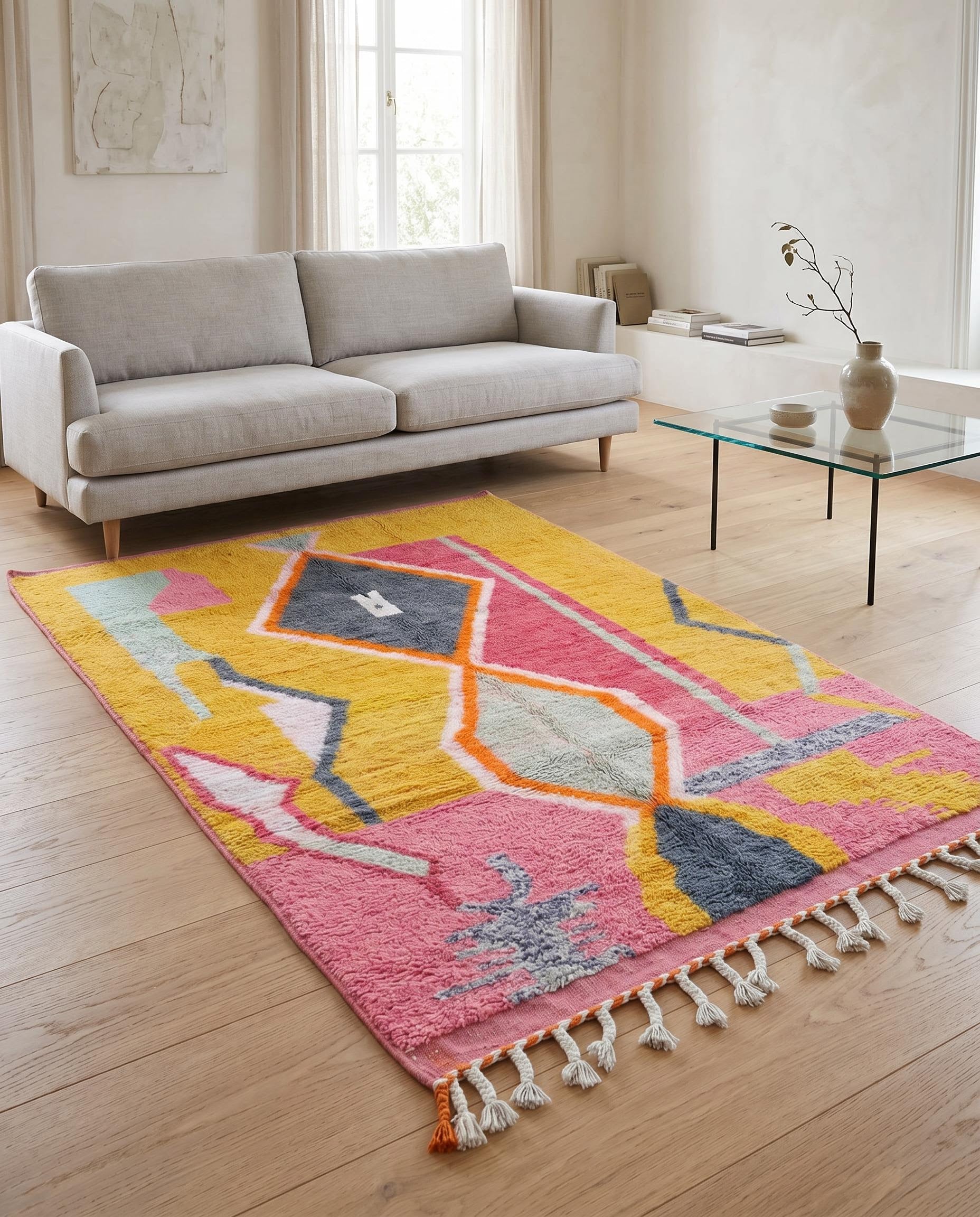 Colorful abstract Moroccan rug in mustard and pink styled in a bright minimalist living room with a woven leather chair by NURA.