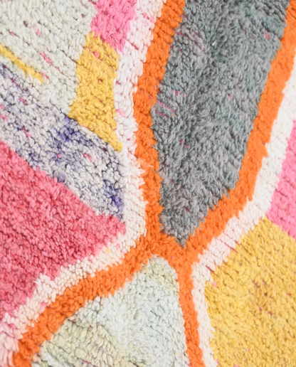 BASIMA Azilal mustard organic abstract Moroccan rug close-up showing hand-knotted wool texture and pile detail 2, by NURA