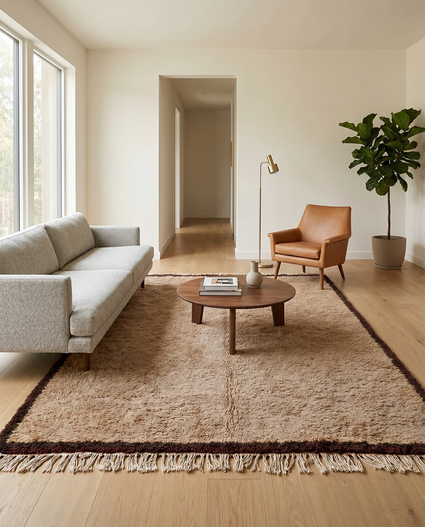 A plush tan bordered Beni Ourain Moroccan rug by NURA styled in a modern living room with a grey sofa and leather chair.
