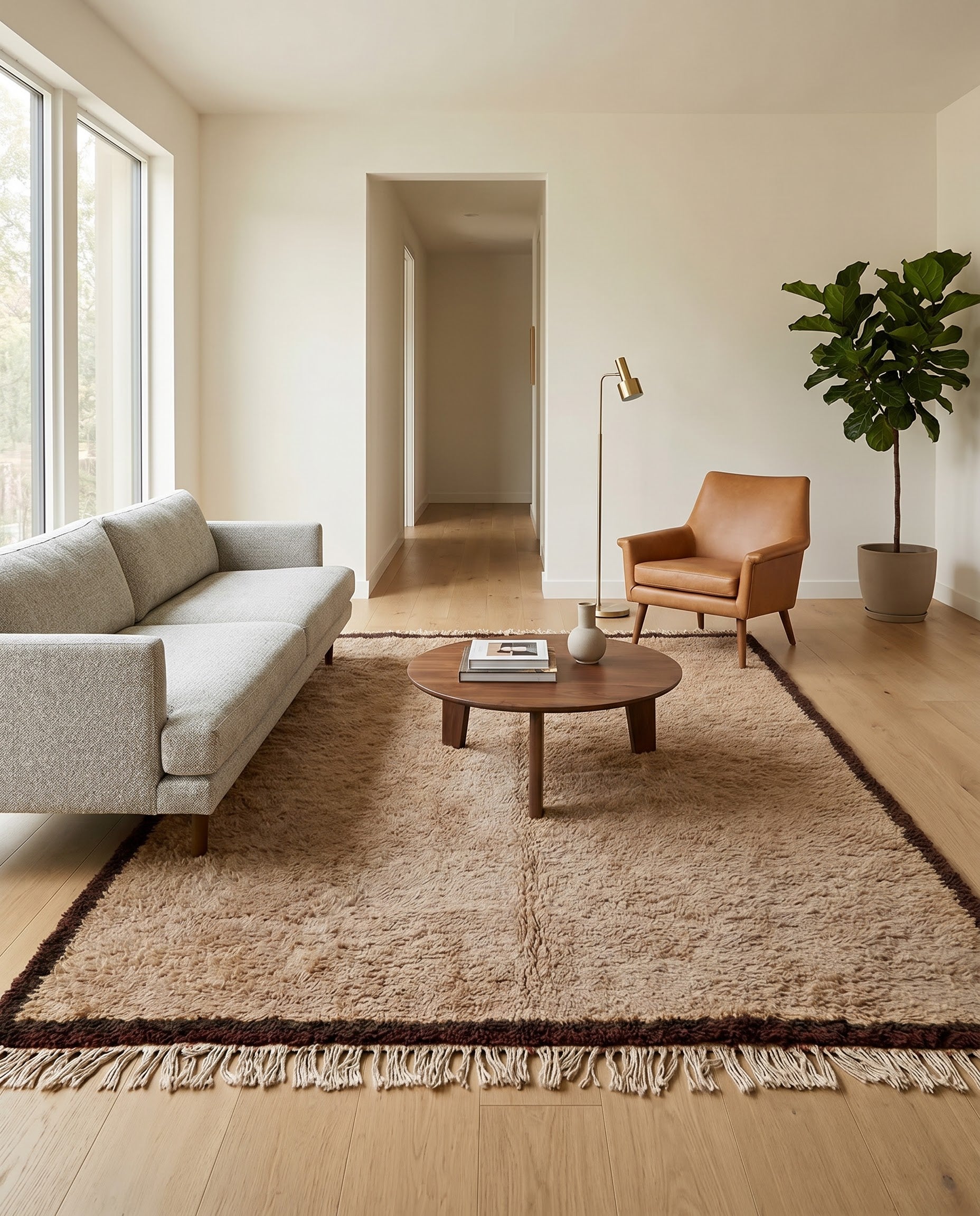 A plush tan bordered Beni Ourain Moroccan rug by NURA styled in a modern living room with a grey sofa and leather chair.