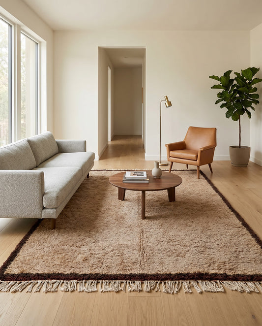 A plush tan bordered Beni Ourain Moroccan rug by NURA styled in a modern living room with a grey sofa and leather chair.