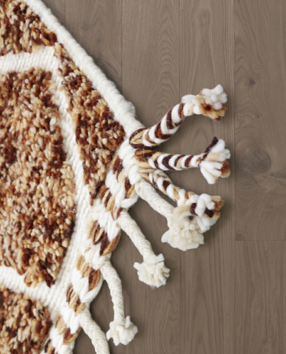 BIA Azilal brown geometric lattice Moroccan rug close-up of hand-tied fringe and kilim band detail, by NURA