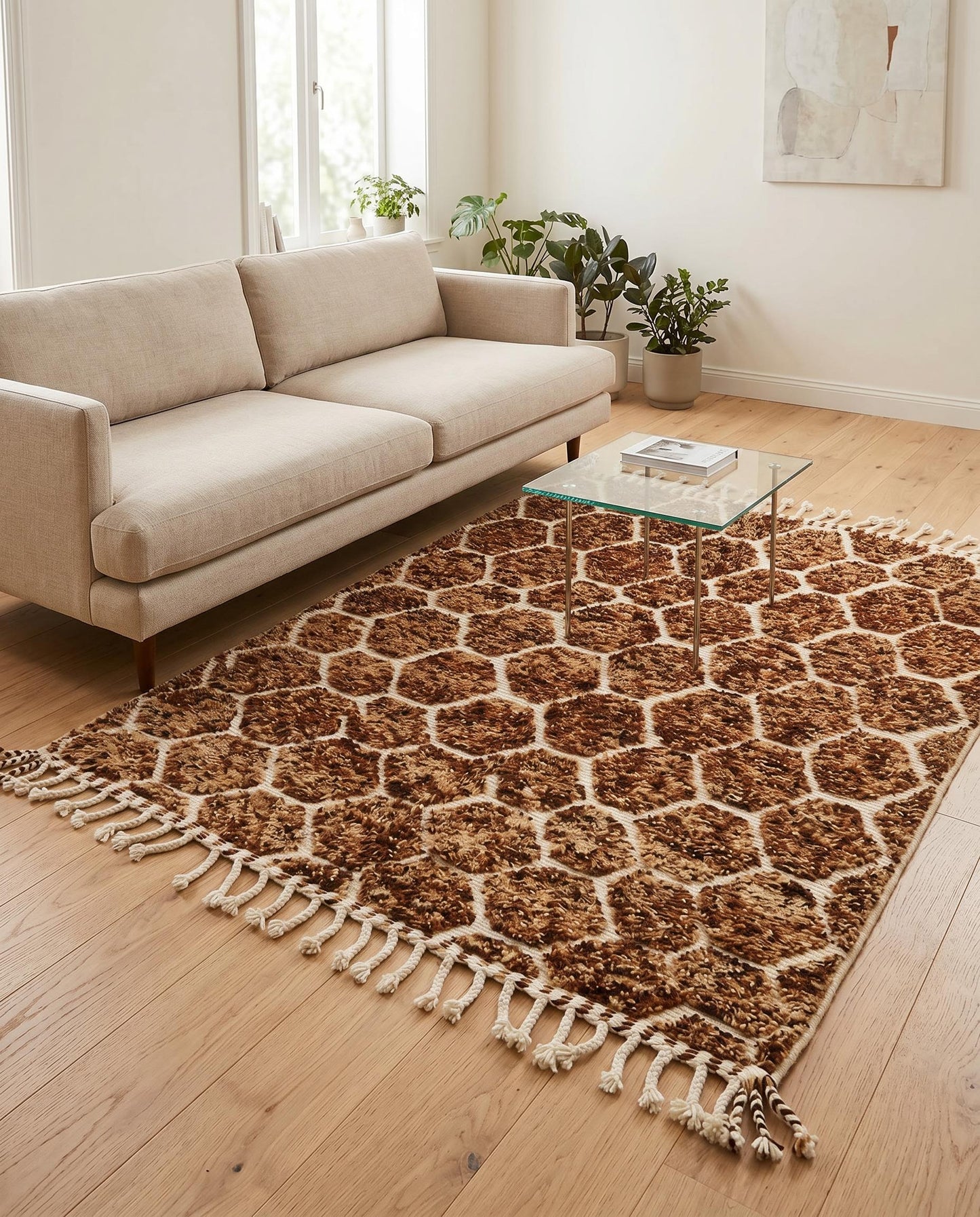 Plush brown and cream geometric Moroccan rug styled in a warm, modern living room with natural wood furniture, by NURA.