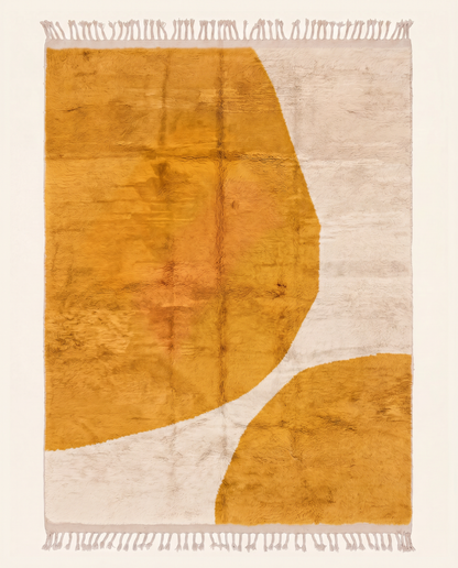 Plush Moroccan wool rug featuring bold mustard and cream organic abstract shapes, hand-knotted for a modern space by NURA.
