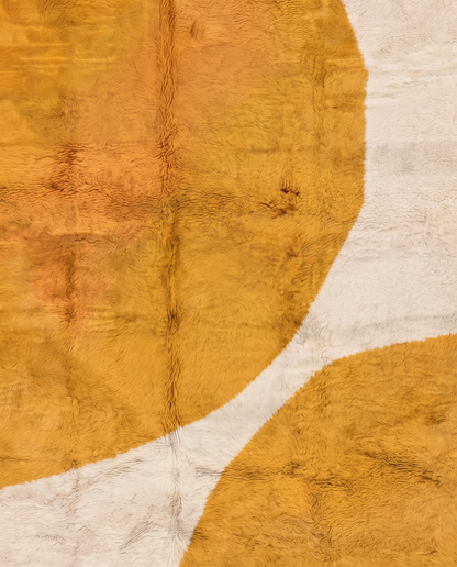 BISAN Beni Ourain mustard organic abstract Moroccan rug close-up showing hand-knotted wool texture and pile detail, by NURA