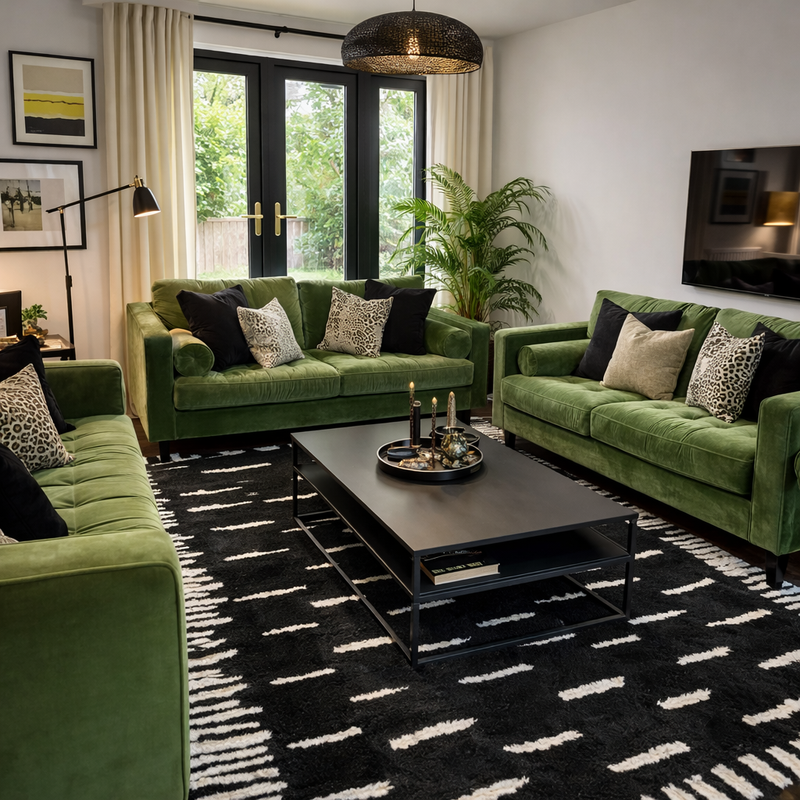 Black Moroccan wool rug with white geometric details styled in a luxury living room with green velvet sofas, black coffee table, plants, and modern decor.