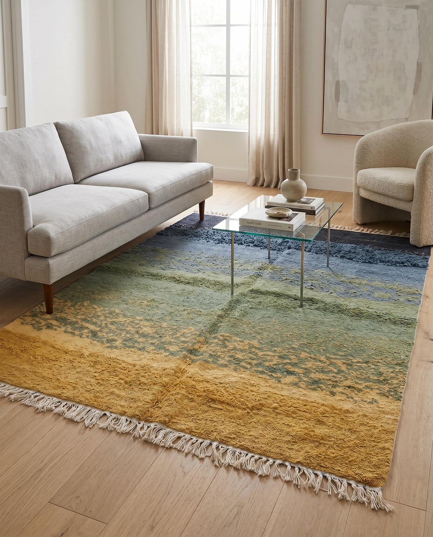 The Chaima abstract landscape Moroccan rug styled in a modern living room, showcasing its textured ombré bands of mustard and blue.