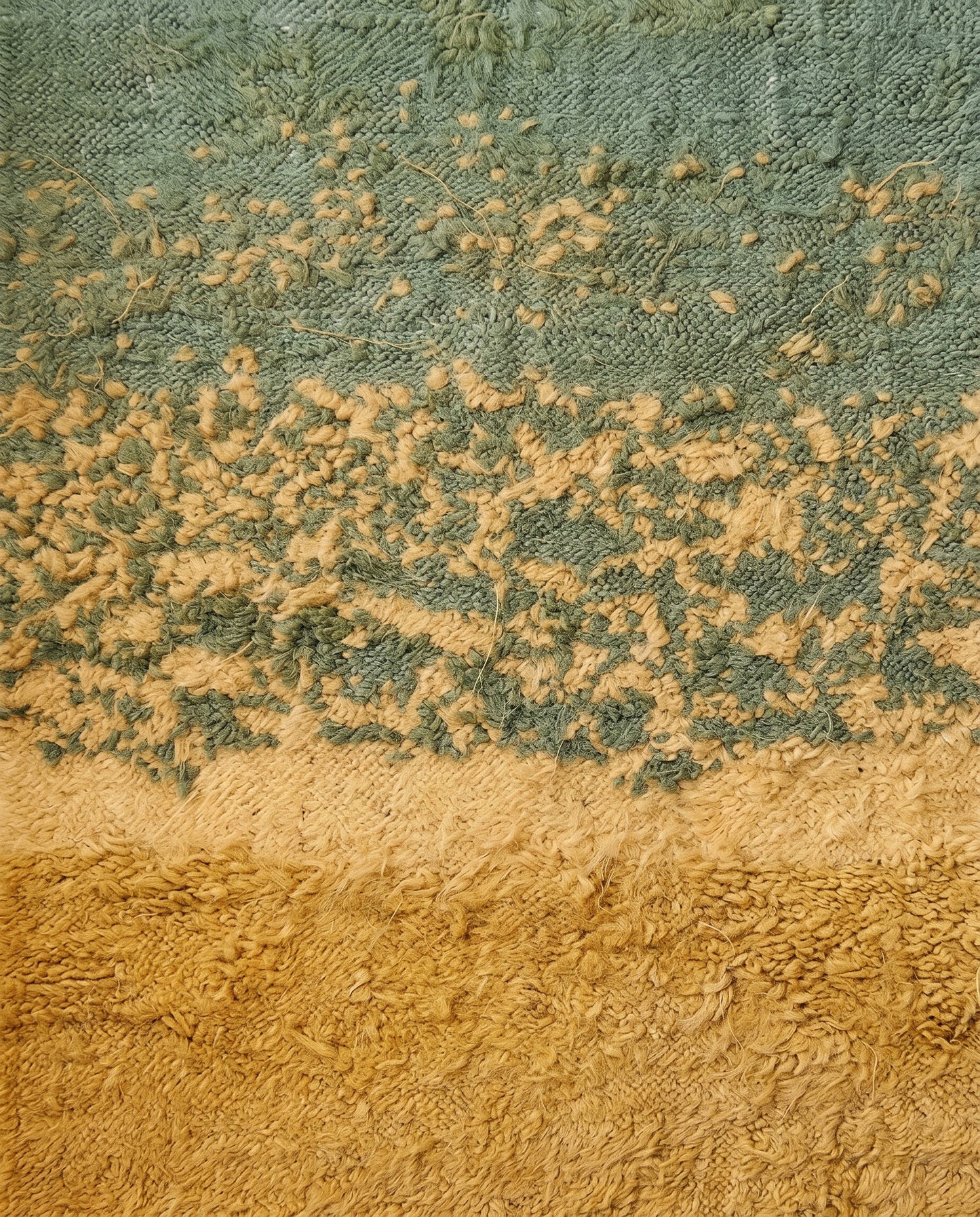 CHAIMA Azilal mustard abstract landscape Moroccan rug close-up showing hand-knotted wool texture and pile detail, by NURA