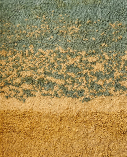 CHAIMA Azilal mustard abstract landscape Moroccan rug close-up showing hand-knotted wool texture and pile detail, by NURA