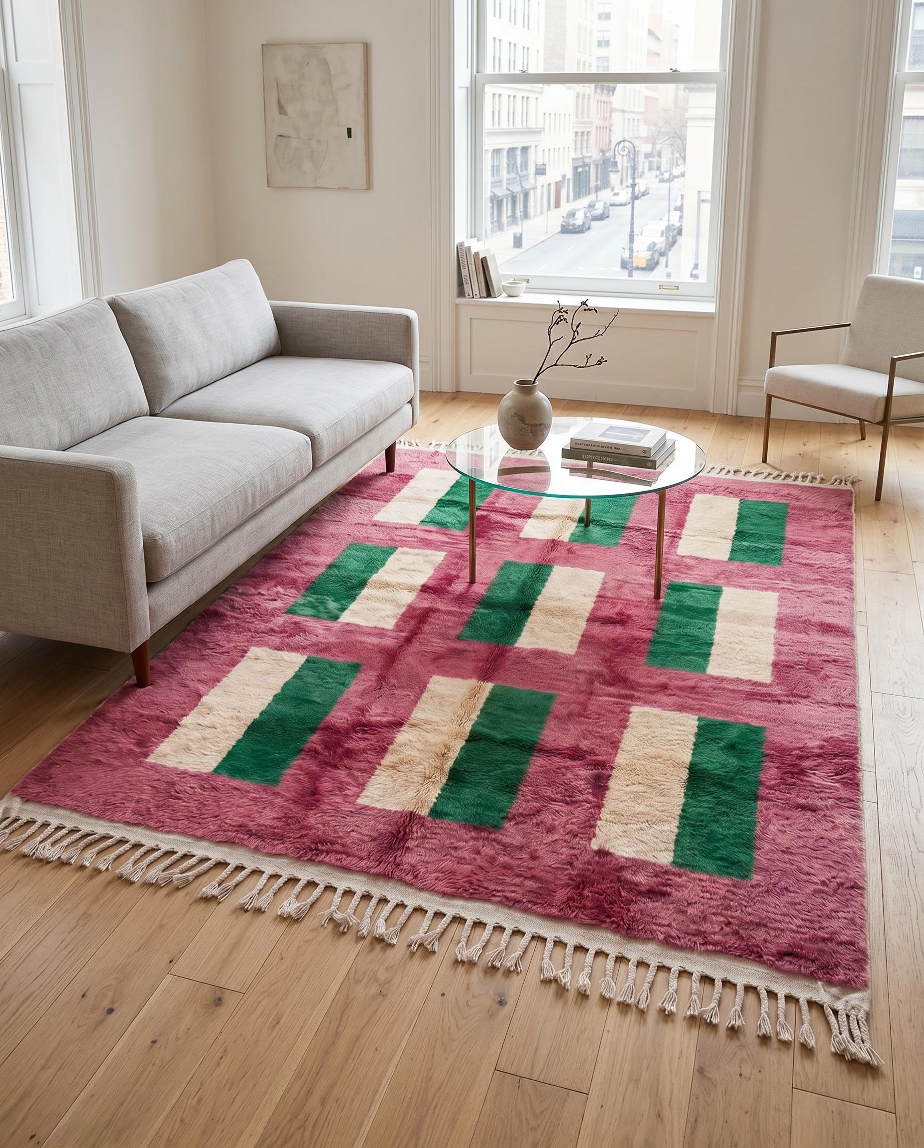 A vibrant rose and green color block Moroccan wool rug styled in a modern living room with contemporary furniture by NURA.