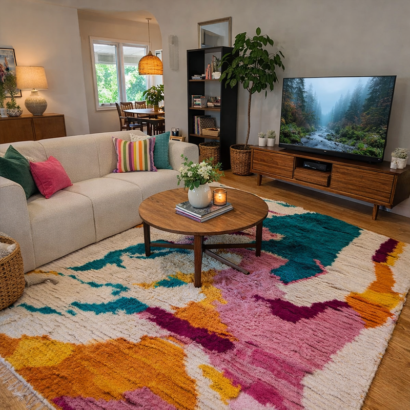 Colorful abstract Moroccan wool rug styled in a cozy living room with a cream sofa, round wood coffee table, plants, and warm wood floors.