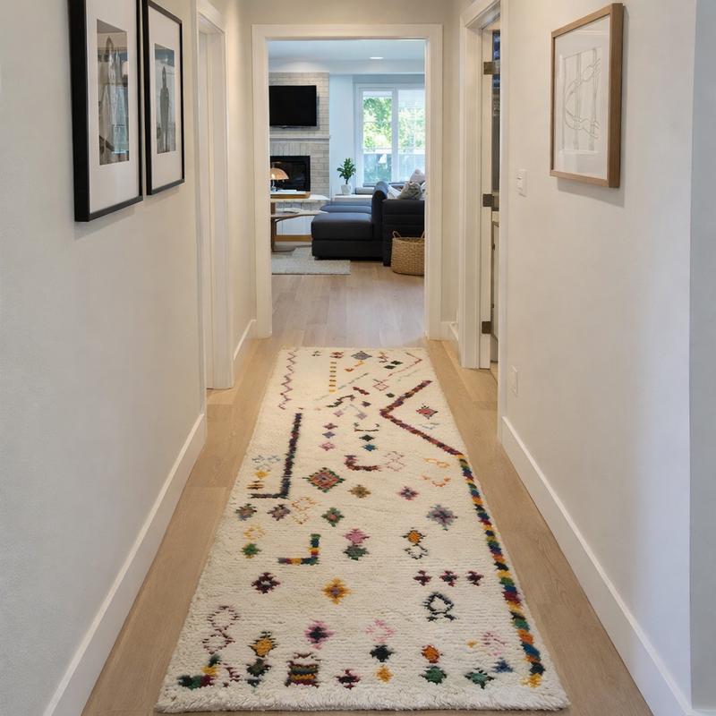 Cream Moroccan runner rug with colorful Berber motifs styled in a bright hallway with light wood flooring and framed wall art.