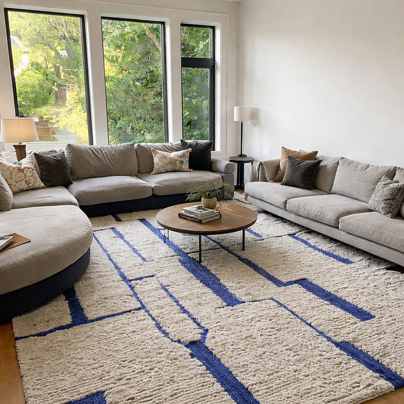 Cream Moroccan wool rug with bold blue geometric lines styled in a bright living room with neutral sofas, a round wood coffee table, large windows, and natural light.