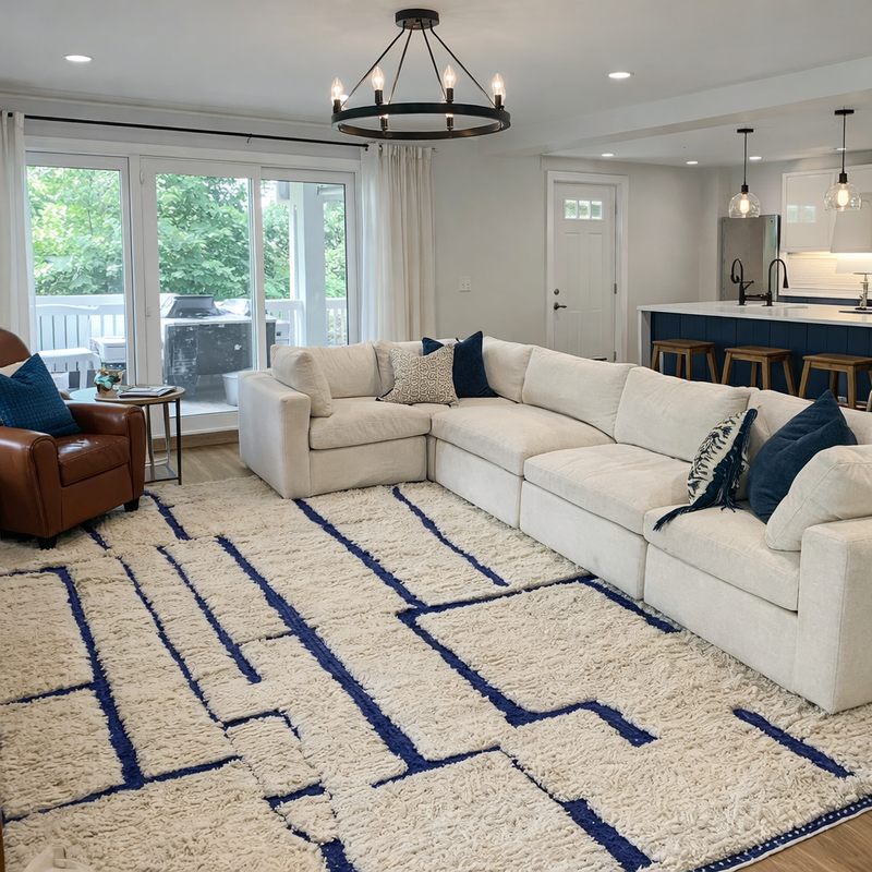 Cream Moroccan wool rug with bold blue geometric lines styled in a modern living room with a white sectional sofa, leather chair, and open kitchen.