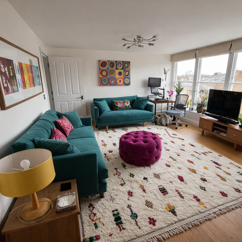 Cream Moroccan wool rug with colorful Berber motifs styled in a modern living room with teal sofas, a magenta ottoman, wood flooring, and bright natural light.