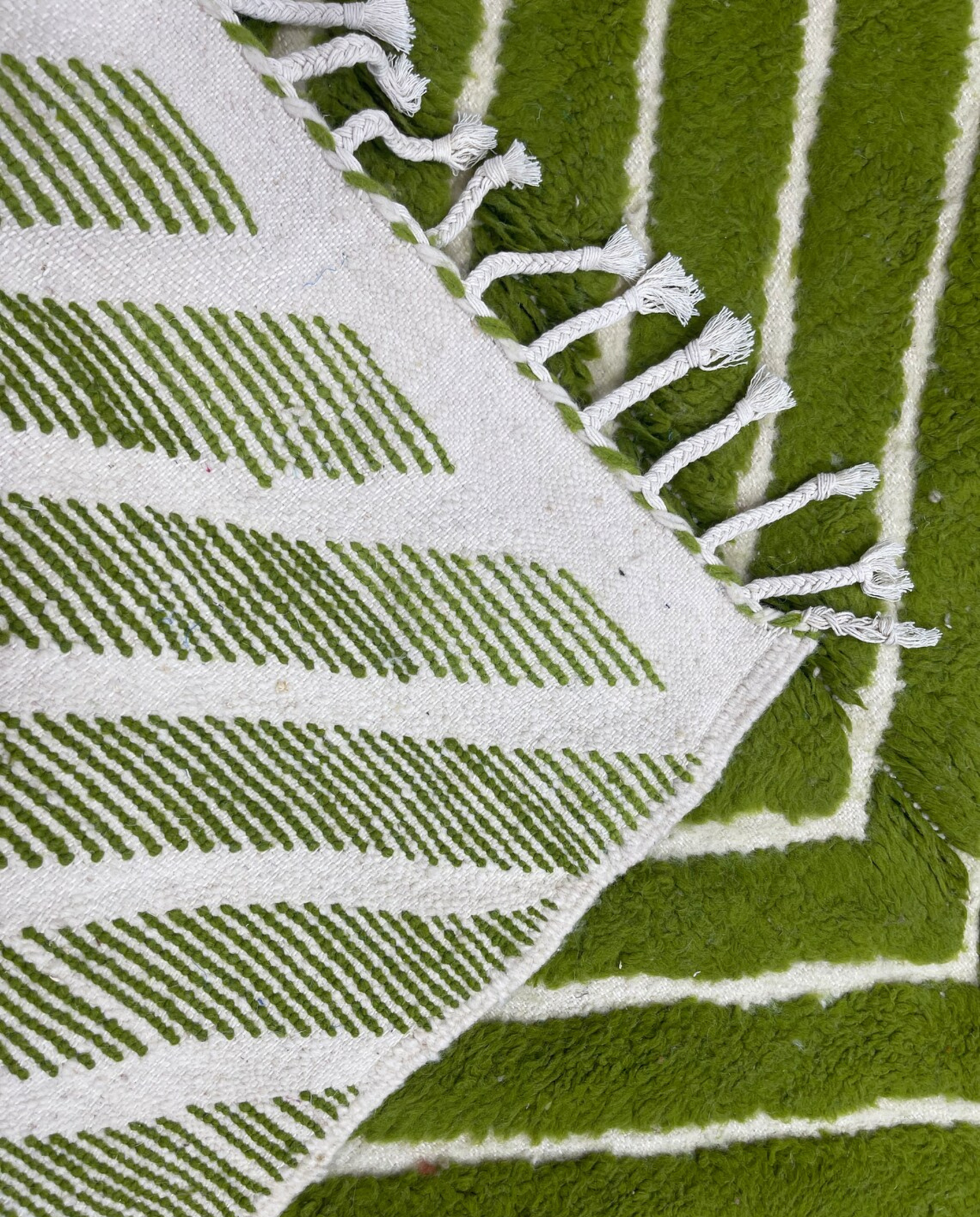LAMIA Beni Ourain green chevron stripes Moroccan rug back view showing traditional handwoven construction, by NURA