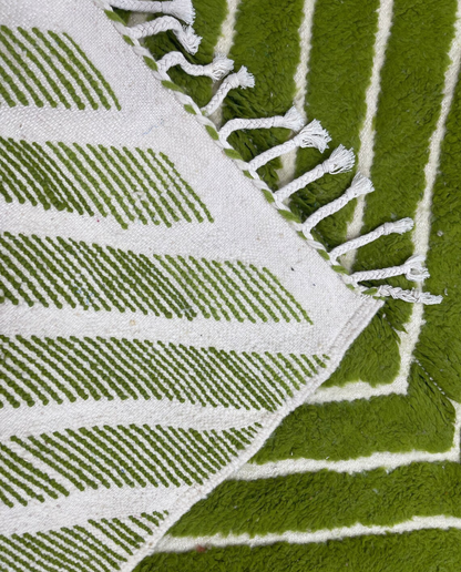 LAMIA Beni Ourain green chevron stripes Moroccan rug back view showing traditional handwoven construction, by NURA
