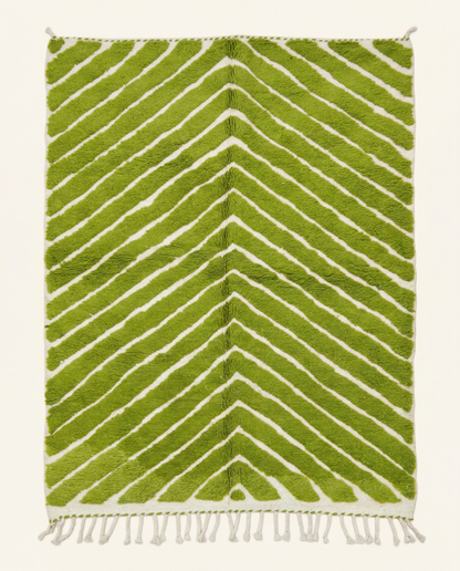 Plush ivory and vibrant green Beni Ourain Moroccan rug with bold chevron stripes and a high-low texture, by NURA.