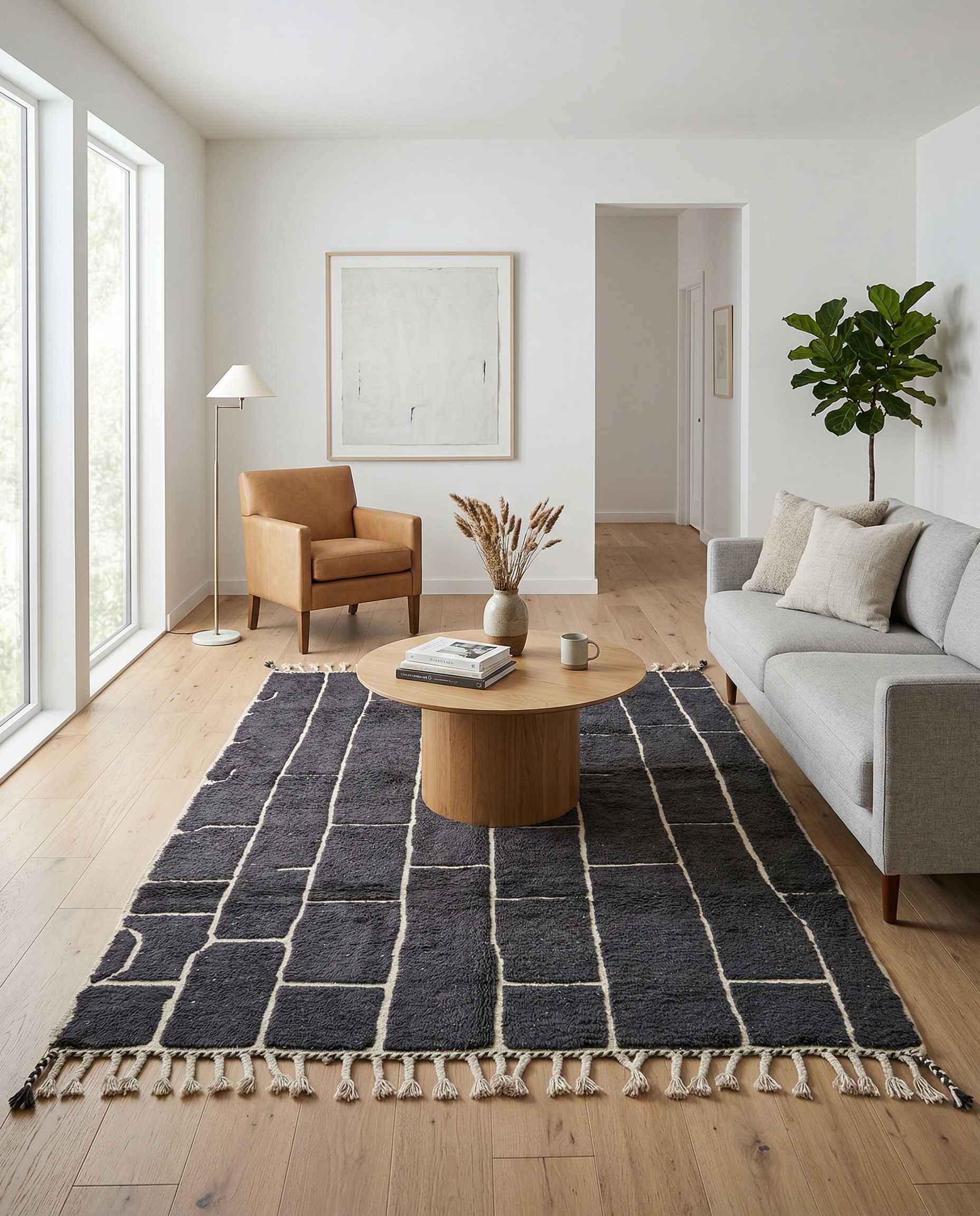 Charcoal and ivory block grid Moroccan rug standing in a bright modern space with a green plant, by NURA.