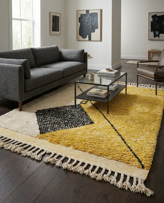 Bold yellow and cream abstract Moroccan rug draped in a bright, minimalist room setting with light floors, by NURA.