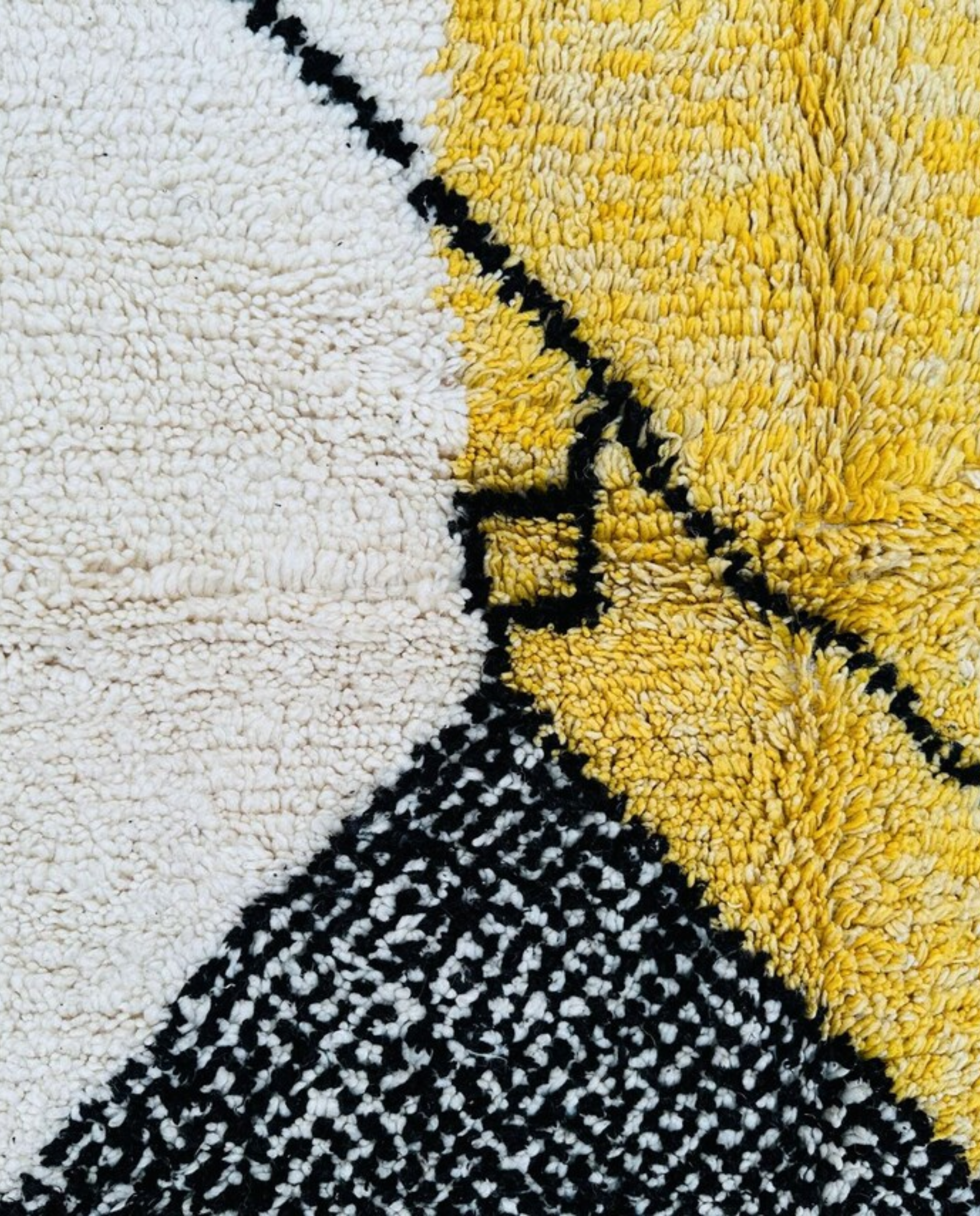 DARINE Azilal yellow abstract color block Moroccan rug close-up showing hand-knotted wool texture and pile detail, by NURA