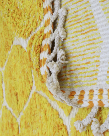 DEBBA Azilal mustard organic abstract Moroccan rug back view showing traditional handwoven construction, by NURA