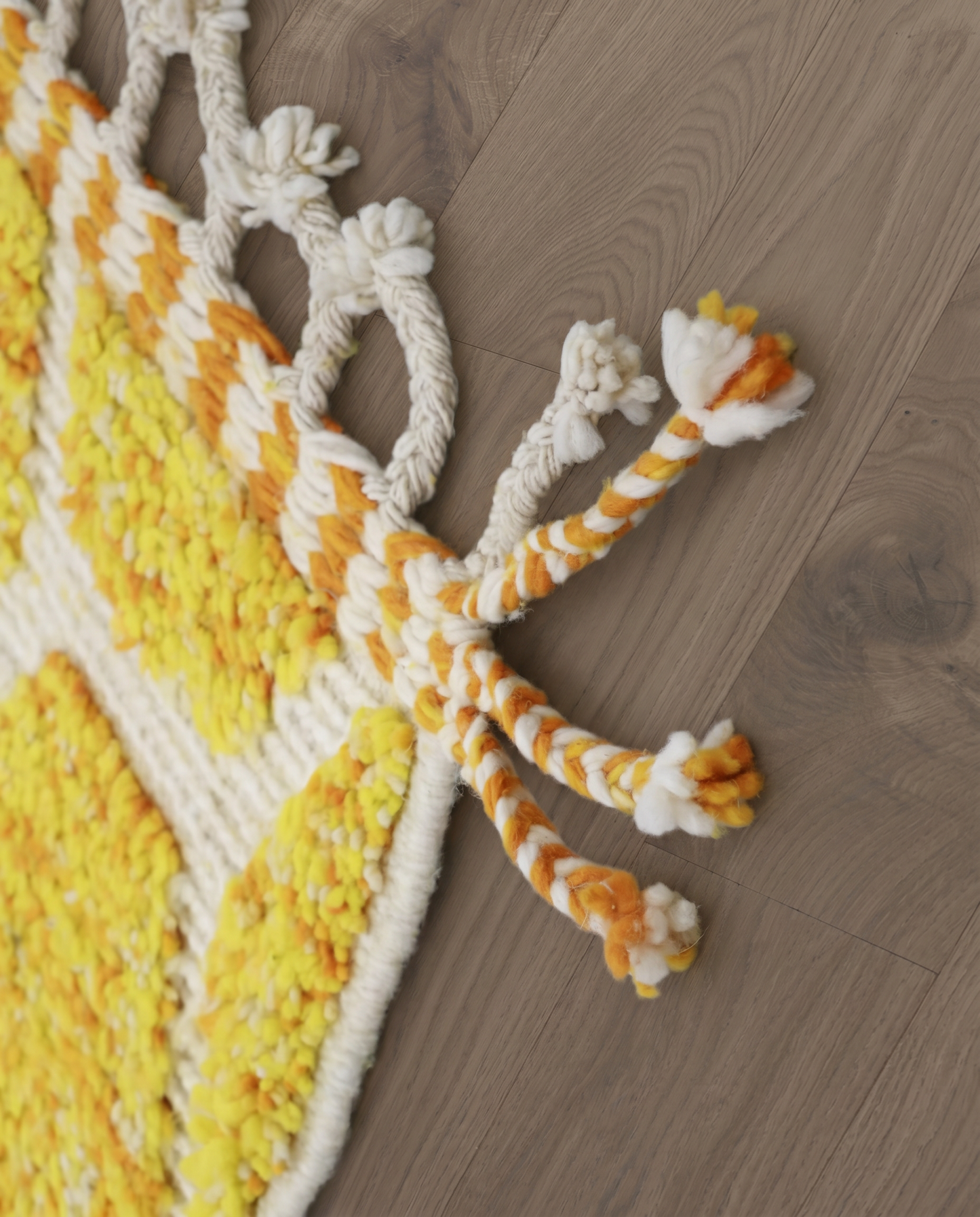 DEBBA Azilal mustard organic abstract Moroccan rug close-up of hand-tied fringe and kilim band detail, by NURA