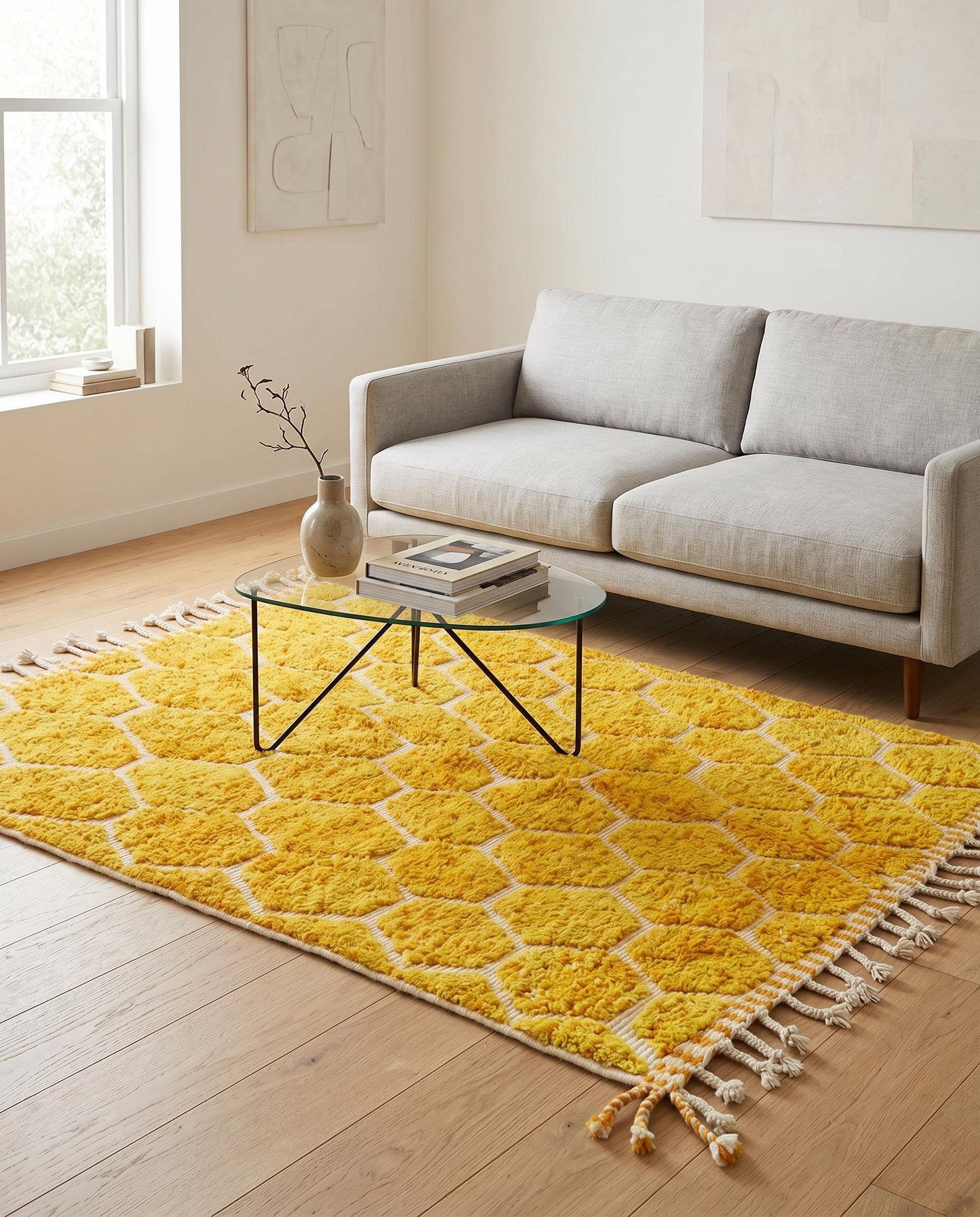 A bright mustard yellow honeycomb Moroccan rug by NURA styled in a modern living room, adding warm texture to the floor.
