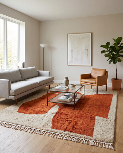Bold rust and cream abstract Moroccan rug in a minimal, light-filled room with smooth concrete floors, by NURA.