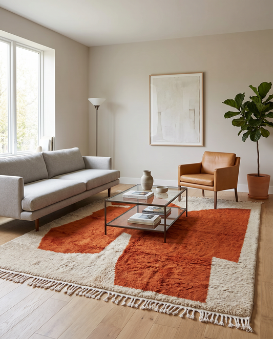 Bold rust and cream abstract Moroccan rug in a minimal, light-filled room with smooth concrete floors, by NURA.