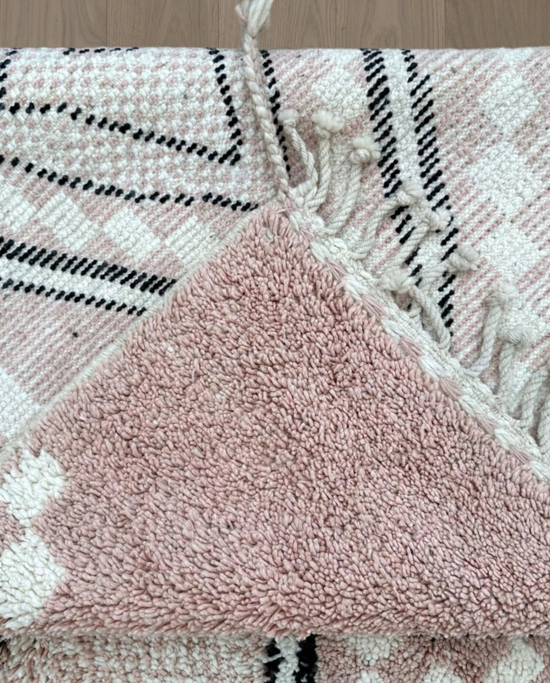 DOHA Azilal blush checker diamond lattice Moroccan rug back view showing traditional handwoven construction, by NURA