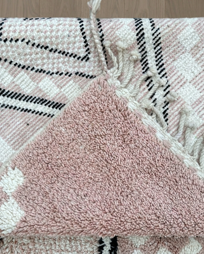 DOHA Azilal blush checker diamond lattice Moroccan rug back view showing traditional handwoven construction, by NURA