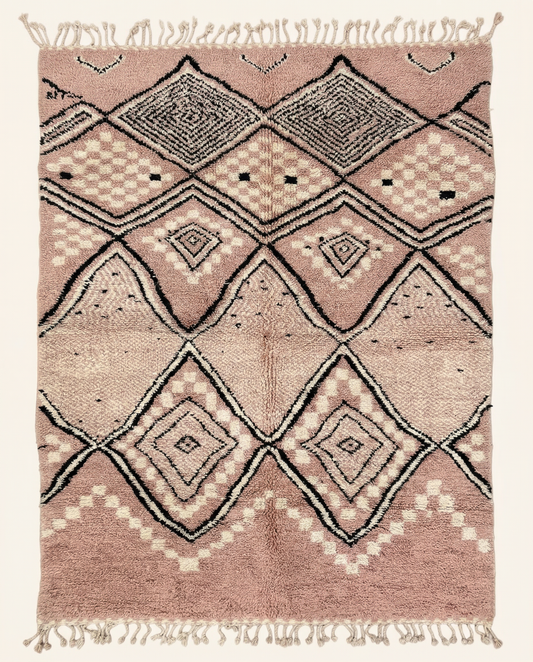 Plush blush pink Azilal Moroccan rug with a large black and ivory checker diamond lattice and high pile, by NURA.