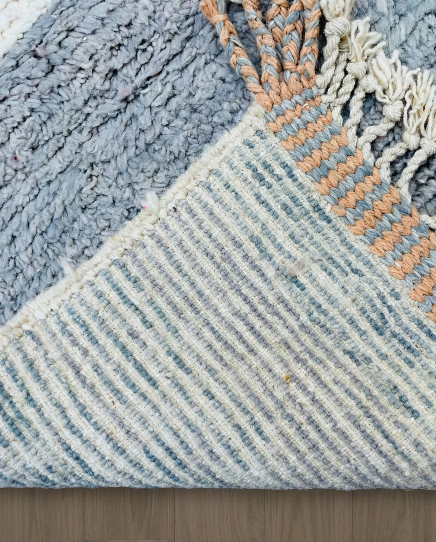 DOUNIA Azilal cream abstract color block Moroccan rug back view showing traditional handwoven construction, by NURA