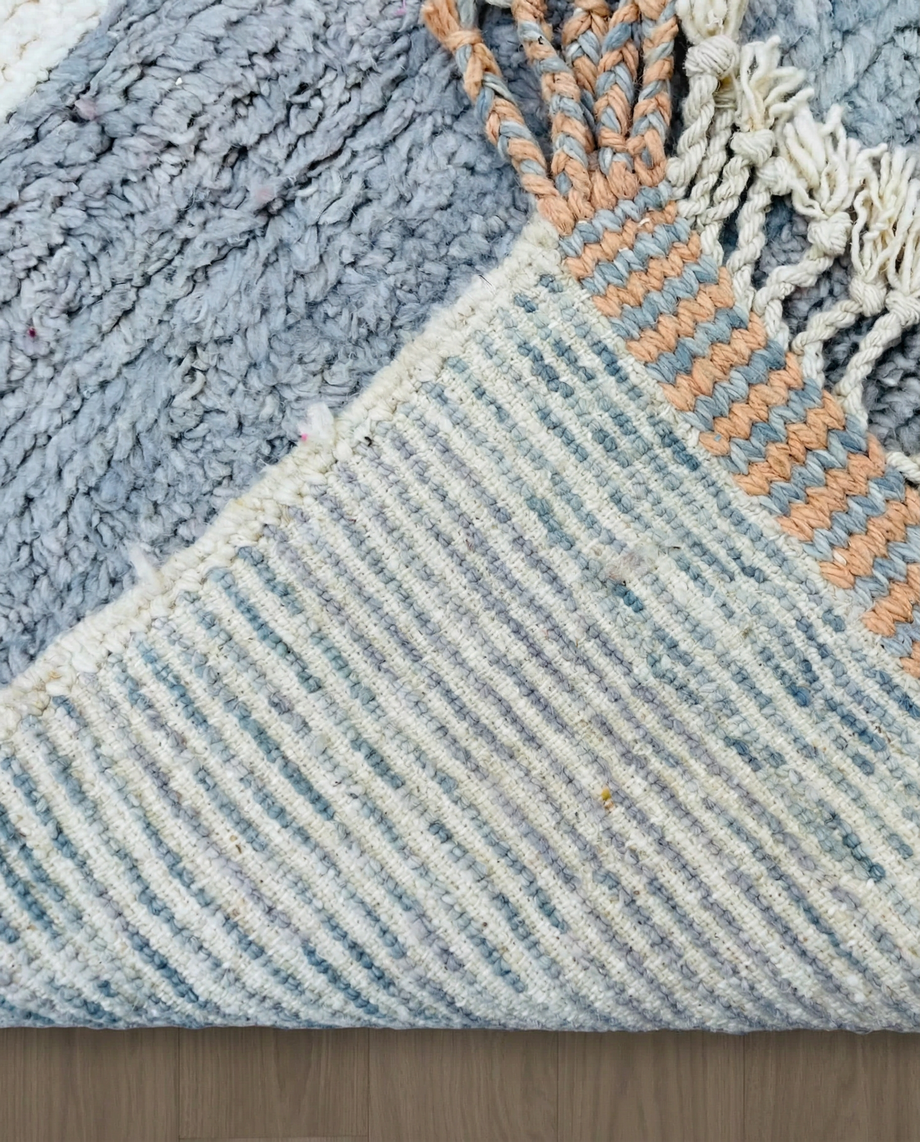 DOUNIA Azilal cream abstract color block Moroccan rug back view showing traditional handwoven construction, by NURA