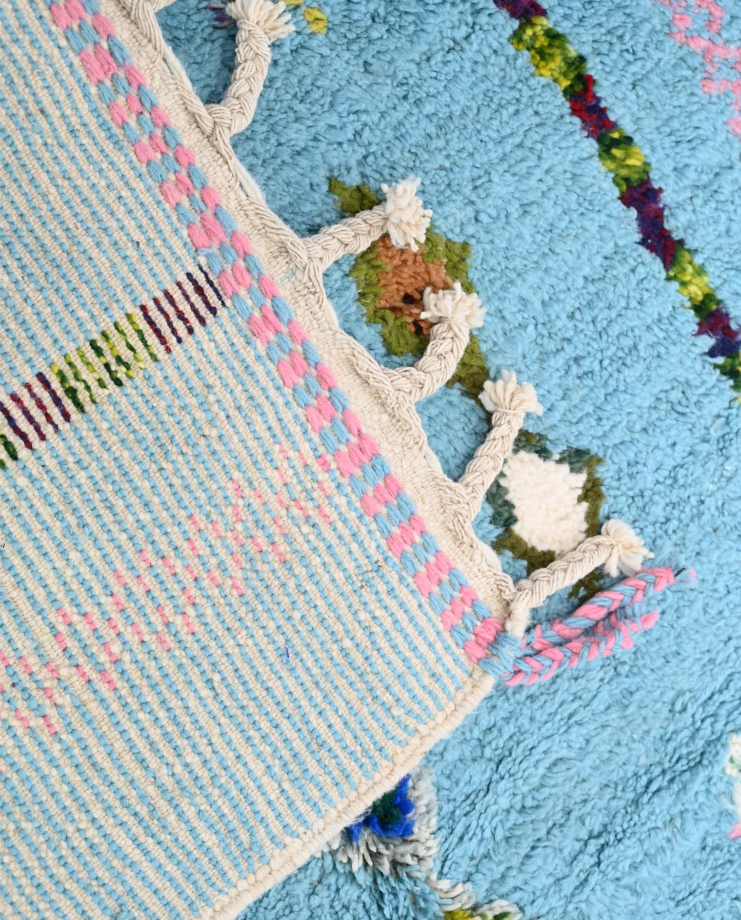 FADDA Azilal sky blue floating forms Moroccan rug back view showing traditional handwoven construction, by NURA
