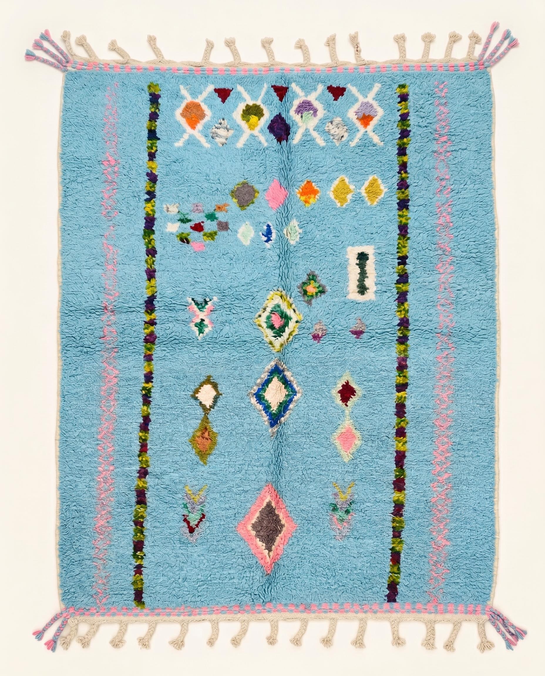 Bright sky blue Azilal Moroccan wool rug featuring colorful floating abstract tribal motifs and braided fringes by NURA.