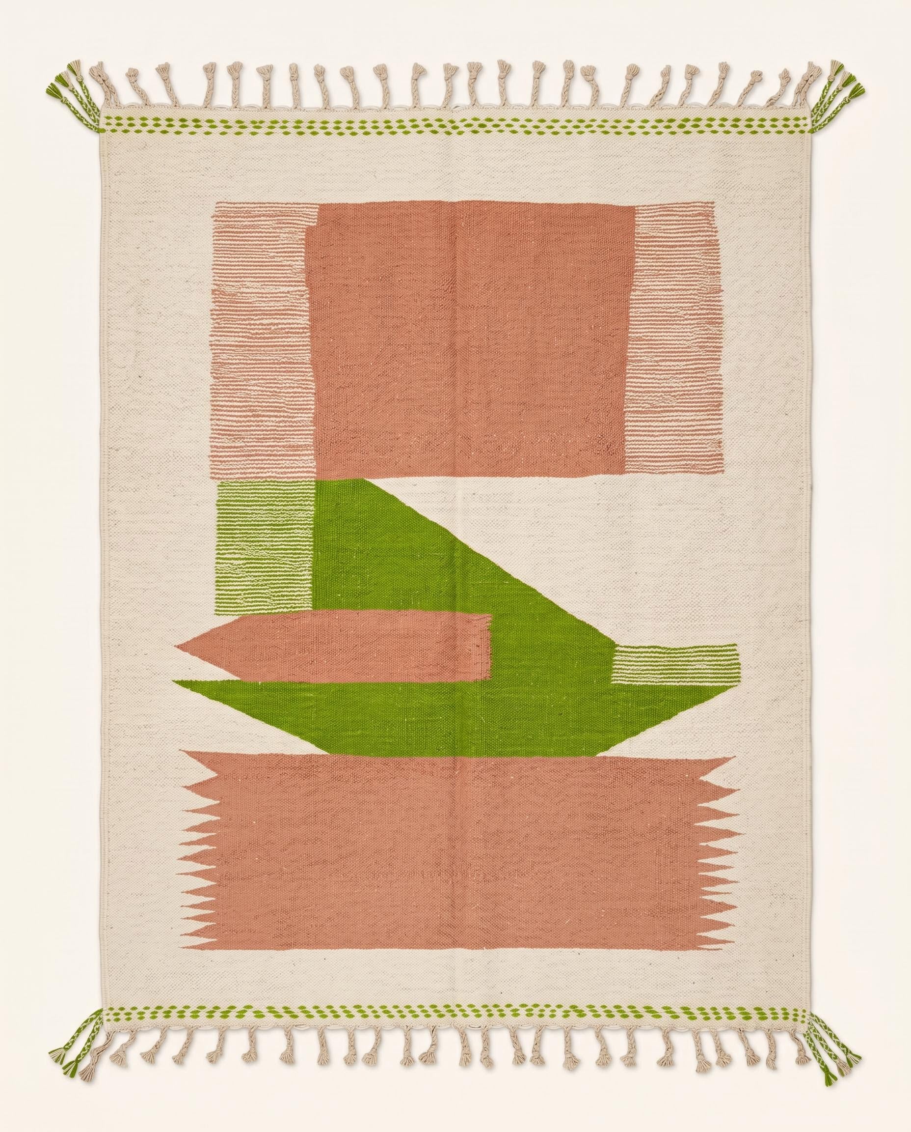 A modern Moroccan flatweave rug by NURA featuring bold terracotta and bright green color blocks on a cream wool background.