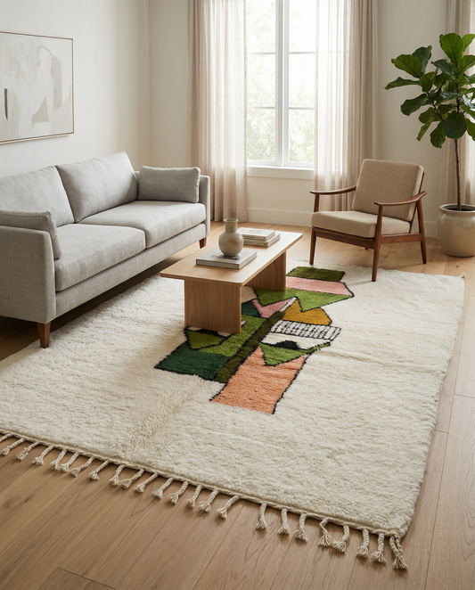 Plush ivory Moroccan rug with a bold abstract face motif in green and peach, displayed in a rustic room setting, by NURA.