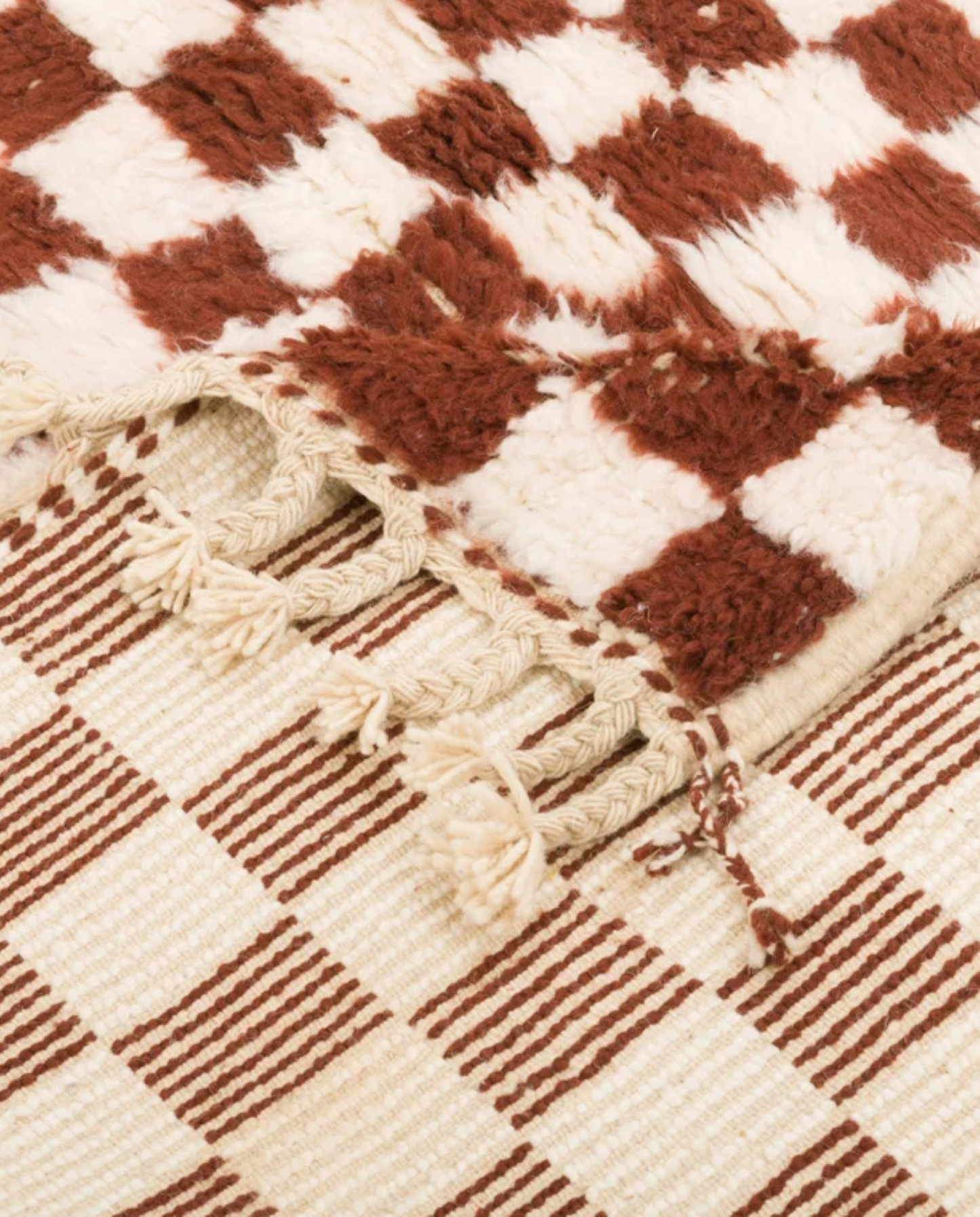 FAIZA Beni Ourain brown checker grid Moroccan rug back view showing traditional handwoven construction, by NURA