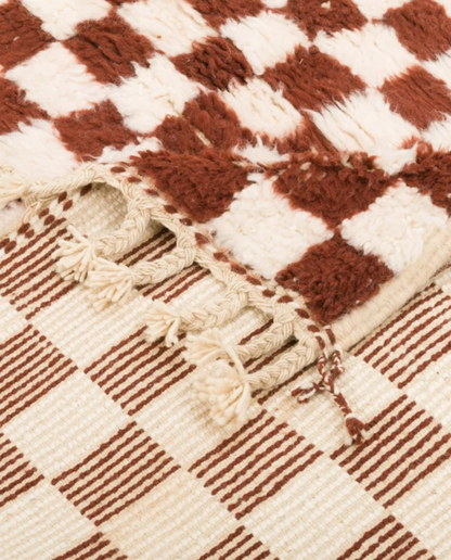 FAIZA Beni Ourain brown checker grid Moroccan rug back view showing traditional handwoven construction, by NURA