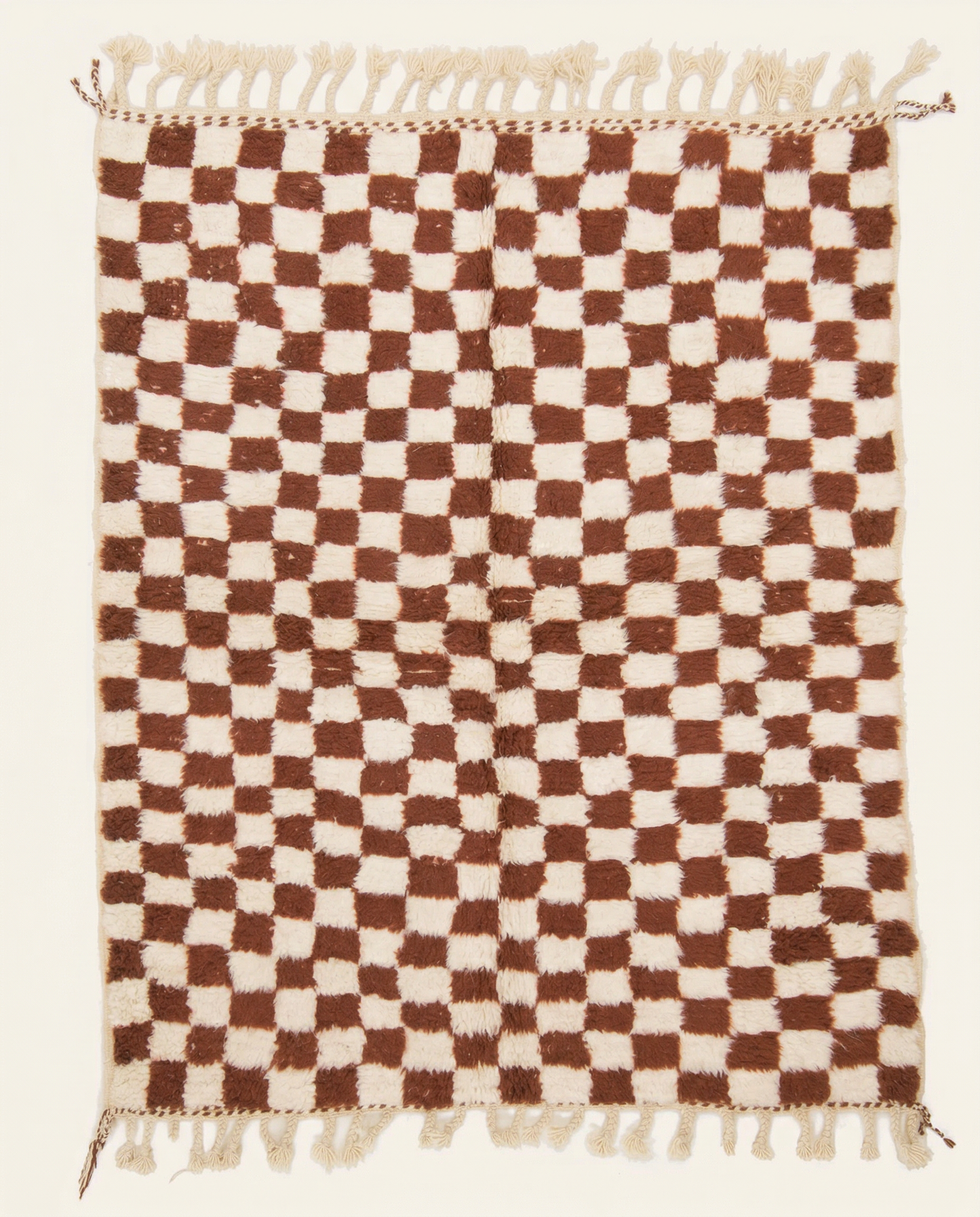 Plush cream and chocolate brown Beni Ourain Moroccan rug with a bold all-over checker grid and high pile, by NURA.
